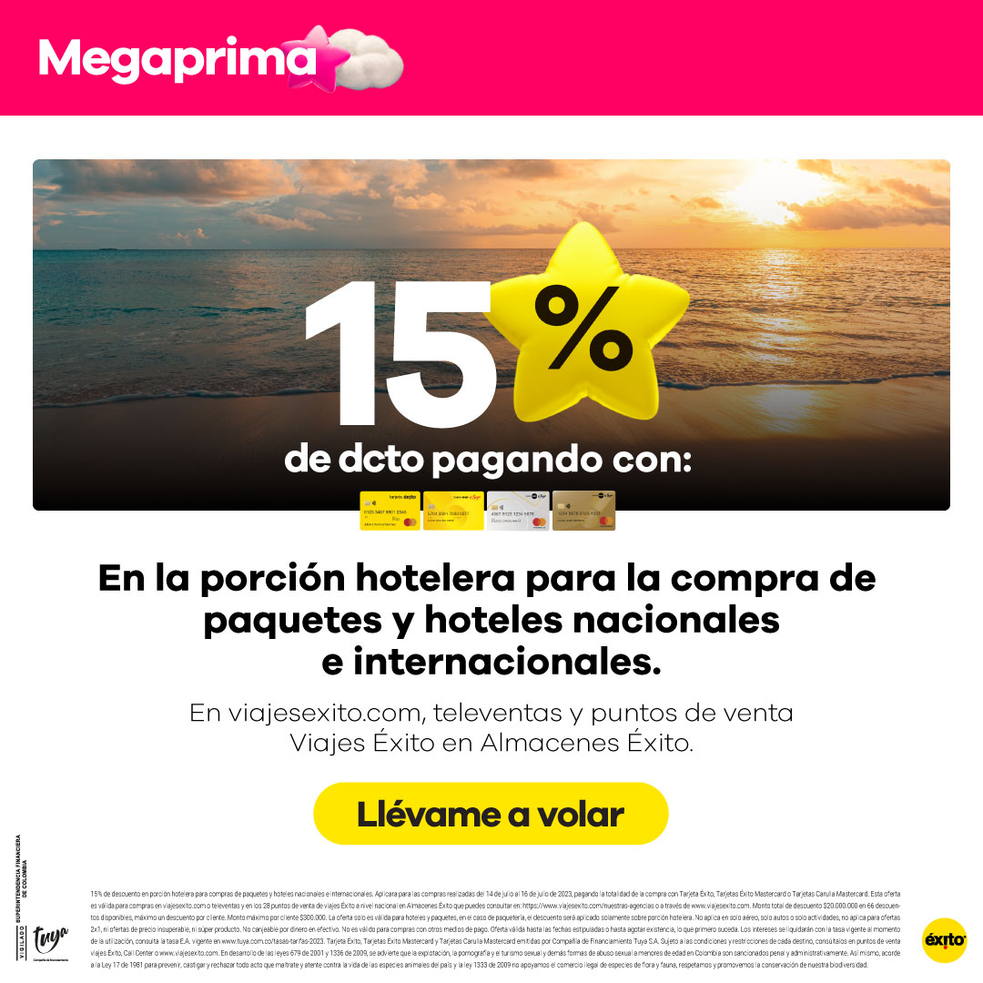 15% de dcto en la porción hotelera para la compra de paquetes y hoteles nacionales e internacionales*